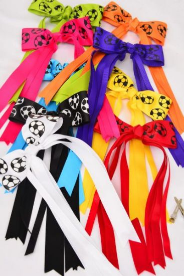 Hair Bow Long Tail Soccer Sport Grosgrain Bow-tie Multi/DZ *Alligator Clip** 7x 6" Wide,2 Fuchsia,2 White,2 Black,1 Lime,1 Orange,1 Blue,1 Red,1 Yellow,1 Purple Mix,Clip Strip & UPC Code