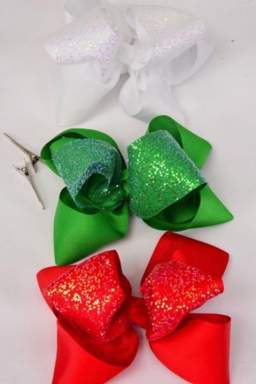 Hair Bow Jumbo Double Layered Glitter Red White Green Grosgrain Bow-tie / 12 pcs Bow = Dozen Christmas , Alligator Clip , Size - 6" x 5" Wide , 4 of each Pattern Asst , Clip Strip & UPC Code