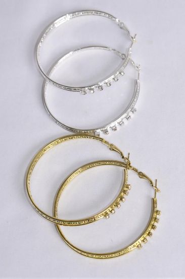 Earrings Metal Hoop Clear Rhinestones Gold Silver Mix Post / 12 pair = Dozen Post , Size - 2.25" Wide , 6 Gold , 6 Silver Color Mix , Earring Card & OPP Bag & UPC Code 