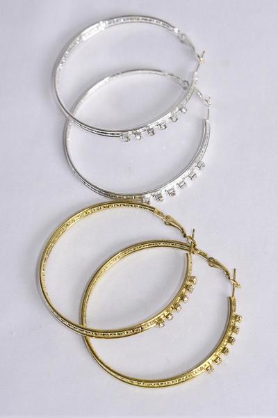 Earrings Metal Loop Clear Rhinestones / 12 pair = Dozen Post , Size - 2.25" Wide , Earring Card & OPP Bag & UPC Code , Choose Gold Or Silver Finishes
