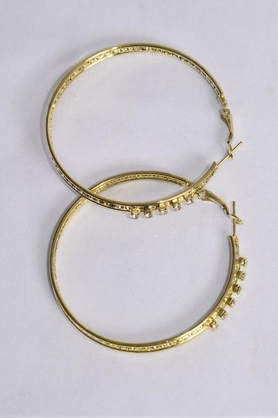 Earrings Metal Hoop Clear Rhinestones / 12 pair = Dozen Post , Size - 2.25" Wide , Earring Card & OPP Bag & UPC Code , Choose Gold Or Silver Finishes