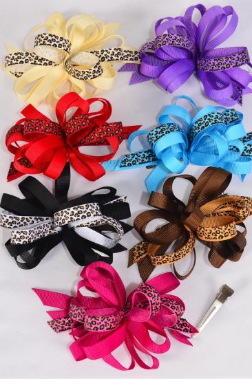 Hair Bow Loop Bow Leopard Print Grosgrain Bow /  12 pcs Bow = Dozen Alligator Clip , Bow Size - 4.5" x 3.5" , 2 Black , 2 Brown , 2 Blue , 2 Fuchsia , 2 Red , 1 Beige , 1 Purple Color Asst , Clip Strip & UPC Code