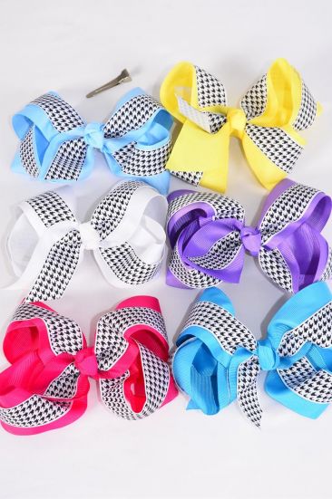 Hair Bow Jumbo Double Layered Hound tooth Grosgrain Bow-tie Citrus / 12 pcs Bow = Dozen Alligator Clip , Size - 6" x 5" Wide , 2 Fuchsia , 2 Blue , 2 Yellow , 2 Purple , 2 White , 1 Lime , 1 Orange Color Mix , Clip Strip and UPC Code