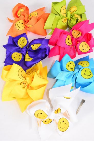 Hair Bow Jumbo Emoji Smiley Face Double Layered Grosgrain Bow-tie Citrus / 12 pcs Bow = Dozen  Alligator Clip , Size - 6" x 5" Wide , 2 Fuchsia , 2 Blue , 2 Yellow , 2 Purple , 2 White , 1 Lime , 1 Orange Color Mix , Clip Strip & UPC Code