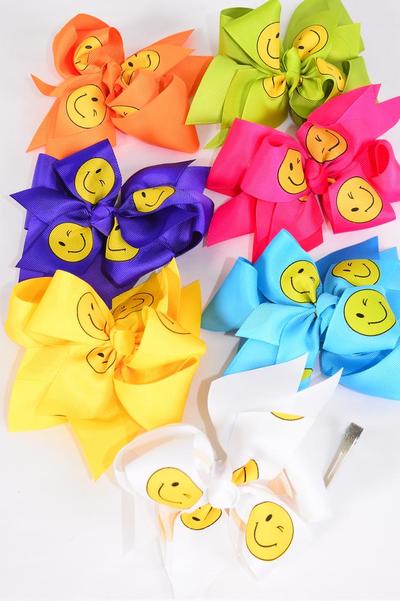 Hair Bow Jumbo Emoji Smiley Face Double Layered Grosgrain Bow-tie Citrus / 12 pcs Bow = Dozen Size-6"x 6" Wide , Alligator Clip ,2 Fuchsia ,2 Blue ,2 Yellow ,2 Purple ,2 White ,1 Lime ,1 Orange Color Mix ,Clip Strip & UPC Code