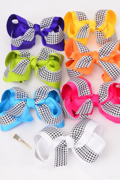 Hair Bow Jumbo Double Layered Hound tooth Grosgrain Bow-tie Citrus / 12 pcs Bow = Dozen Alligator Clip , Size - 6" x 5" Wide , 2 Fuchsia , 2 Blue , 2 Yellow , 2 Purple , 2 White , 1 Lime , 1 Orange Color Mix , Clip Strip and UPC Code