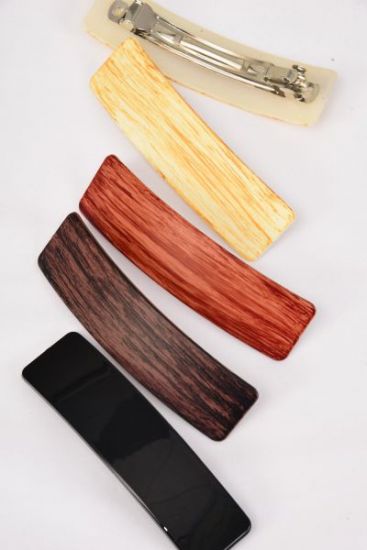 Hair Barrette French Clip Fall Brush Stroked Neutral Wood Finish / 12 pcs = Dozen  Neutral Color Mix , French Clip , Size - 4.5" x 1.25" Wide , 3 of each Pattern Asst , Hang Card & Individual OPP Bag & UPC Code
