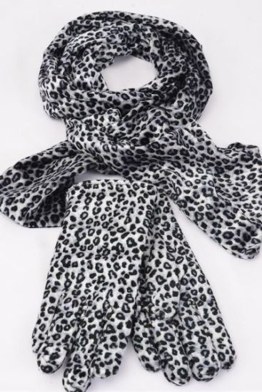 Velvet Scarf & Glove Matching Sets Leopard Print/Sets **Gray** Scarf Size-60"x 6" Wide,Opp Bag & UPC Code & Hook