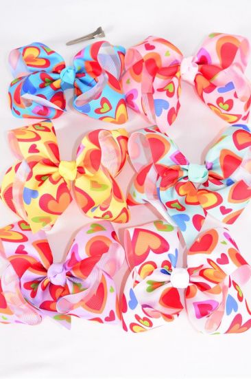 Hair Bow Jumbo Hearts Grosgrain Bow-tie Multi / 12 pcs Bow Dozen  Alligator Clip , Size - 6" x 5" Wide , 2 Blue , 2 Baby Pink , 2 Yellow , 2 Mint Green , 2 Lavender , 2 White Color Asst , Clip Strip & UPC Code