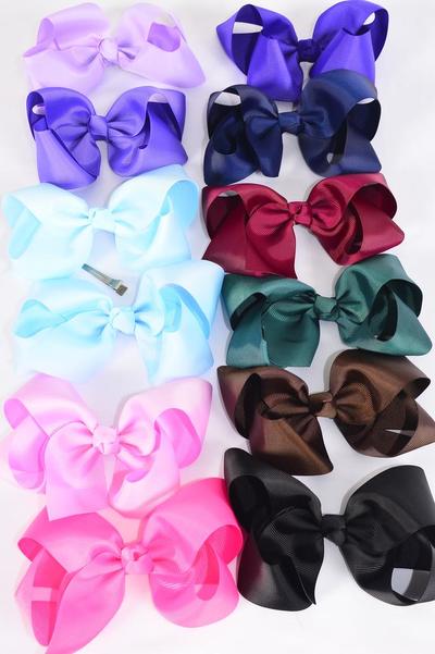 Hair Bow Jumbo Pastel & Dark Multi Asst Grosgrain Bow-tie / 12 pcs Bow = Dozen Alligator Clip , Size - 6" x 5" Wide , 12 Color Asst , Clip Strip & UPC Code