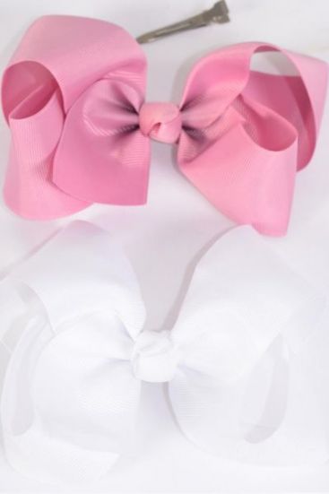 Hair Bow Jumbo Wild Rose & White Mix Grosgrain Bow-tie / Dozen Alligator Clip ,Size-6"x 5" Wide , 6 of each Color Asst , Clip Strip & UPC Code