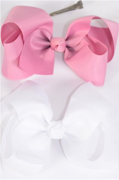 Hair Bow Jumbo Wild Rose & White Mix Grosgrain Bow-tie / Dozen Alligator Clip ,Size-6"x 5" Wide , 6 of each Color Asst , Clip Strip & UPC Code