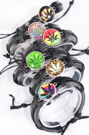 Bracelet Real Black Leather Band Glass Dome Cannabis/DZ **Unisex** Adjustable,2 of each Color Asst,Individual Hang tag & OPP Bag & UPC Code