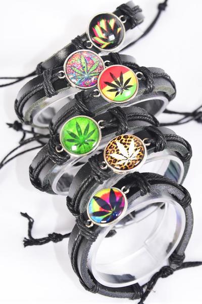 Bracelet Real Black Leather Band Glass Dome Cannabis / 12 pcs = Dozen Unisex , Pull-String , Adjustable , 2 of each Pattern Mix , Individual Hang Tag & OPP Bag & UPC Code