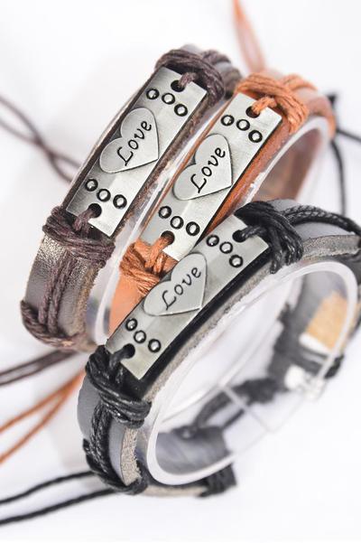 Bracelet Real Leather Band Heart W Love Words / 12 pcs = Dozen Unisex , Adjustable , 4 of each Pattern Mix , Individual Hang tag & OPP Bag & UPC Code