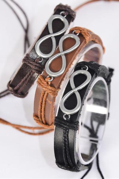 Bracelet Real Leather Band Infinity Symbol / 12 pcs = Dozen   Unisex , Adjustable , 4 of each Pattern Mix , Individual Hang tag & OPP Bag & UPC Code