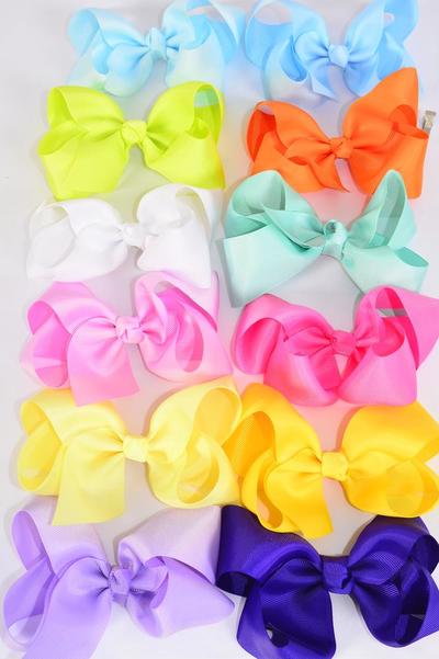 Hair Bow Jumbo Grosgrain Bow-tie 12 color Mix Rainbow / 12 pcs Bow = Dozen Alligator Clip , Size - 6" x 5" Wide , 12 Color Mix , Clip Strip & UPC Code