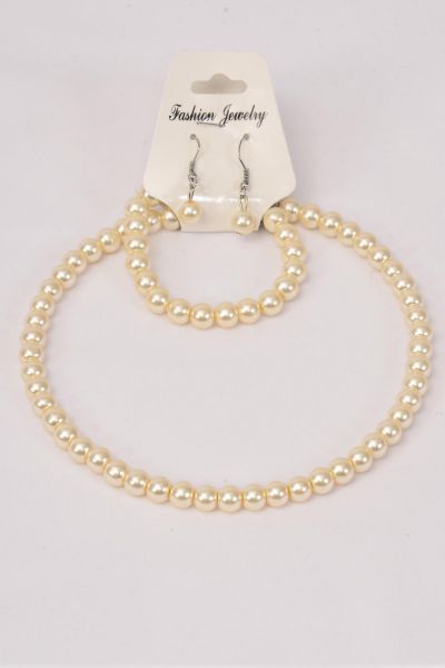 Necklace Sets Choker 3 pcs Sets 8 mm Cream Pearl Flexible / 12 pcs Sets = Dozen  Bracelet is Stretch , Hang Tag & Opp Bag & UPC Code