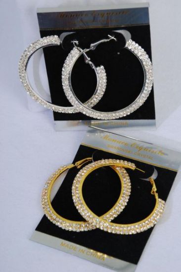 Earring Boutique Double Row Rhinestone /PC Size-2.75" Wide, Black Velvet Earring Crad & OPP Bag & UPC Code, Choose Gold Or Silver Finish