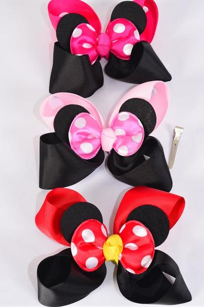 Hair Bow Jumbo Mouse Ear Double Layered Polka dot Grosgrain Bow-tie / 12 pcs Bow = Dozen Alligator Clip , Size - 6" x 5" , 4 Red , 4 Fuchsia , 4 Baby Pink Color Asst , Clip Strip & UPC Code
