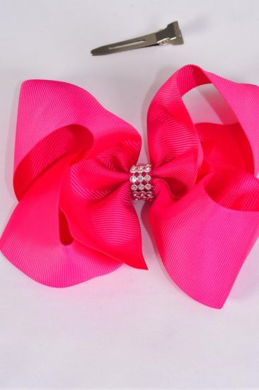 Hair Bow Jumbo Center Clear Stones Fuchsia Grosgrain Bow-tie / 12 pcs Bow = Dozen  Fuchsia , Alligator Clip , Bow - 6" x 5" , Clip Strip & UPC Code