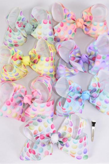 Hair Bow Jumbo Macaroon Grosgrain Bow-tie Pastel / 12 pcs Bow = Dozen Macaroon , Alligator Clip , Size - 6" x 5", 2 White , 2 Pink , 2 Lavender , 2 Blue , 2 Yellow , 1 Peach , 1 Mint Mix , Clip Strip and UPC Cod