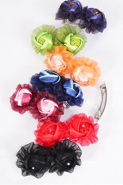 Hair Bow Flower Multi French Clip / 12 pcs Bow = Dozen French Clip , Size-4"x 2.5" Wide ,2 Red ,2 Black ,2 Navy ,2 Burgundy ,2 Purple ,1 Green ,1 Orange Mix ,Hang Tag & Clip Strip