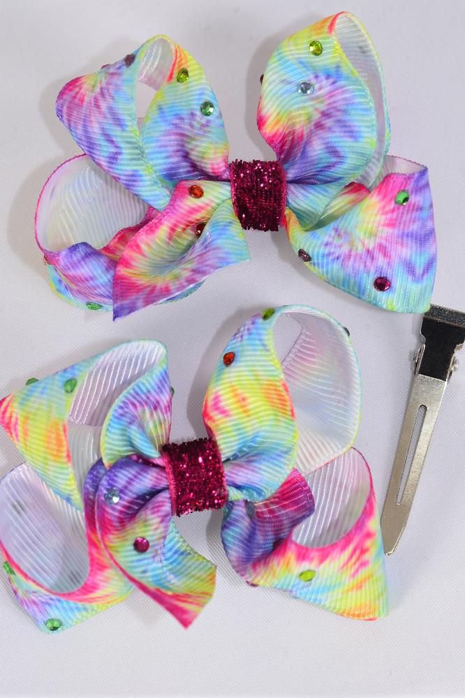 Hair Bows 24 Pcs Tiedye Color Stone Studded Grosgrain Bow Tie Dz