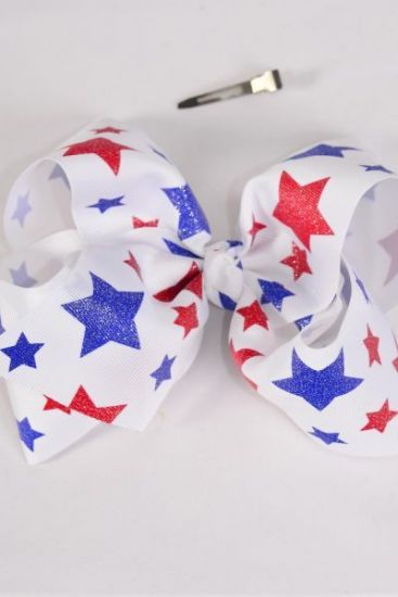 Hair Bow Jumbo Patriotic Stars Grosgrain Bow-tie / 12 pcs = Dozen Alligator Clip , Size - 6" x 5" Wide , 4 of each Pattern Asst , Clip Strip & UPC Code