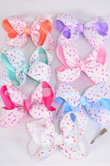 Hair Bow Jumbo Double Layered Sprinkles Grosgrain Bow-tie Pastel / 12 pcs Bow = Dozen  Alligator Clip , 2 White , 2 Pink , 2 Blue , 2 Purple , 2 Hot Pink , 1 Peach , 1 Mint Green Color Mix , Clip Strip & UPC Code