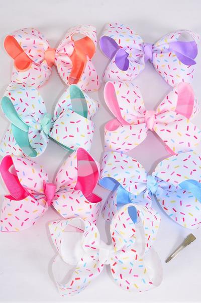 Hair Bow Jumbo Double Layered Sprinkles Grosgrain Bow-tie Pastel / 12 pcs Bow = Dozen  Alligator Clip , 2 White , 2 Pink , 2 Blue , 2 Purple , 2 Hot Pink , 1 Peach , 1 Mint Green Color Mix , Clip Strip & UPC Code