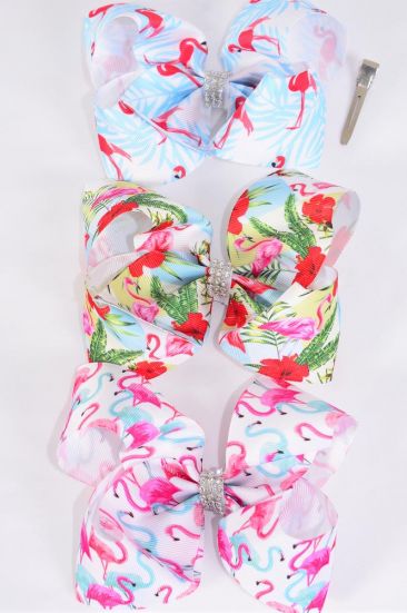 Hair Bow Jumbo Flamingo Grosgrain Bow-tie / 12 pcs Bow = Dozen Alligator Clip , Size - 6" x 5" Wide , 6 Of each Pattern Asst , Clip Strip & UPC Code