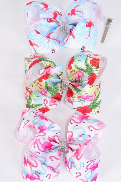 Hair Bow Jumbo Flamingo Grosgrain Bow-tie / 12 pcs Bow = Dozen Alligator Clip , Size - 6" x 5" Wide , 6 Of each Pattern Asst , Clip Strip & UPC Code