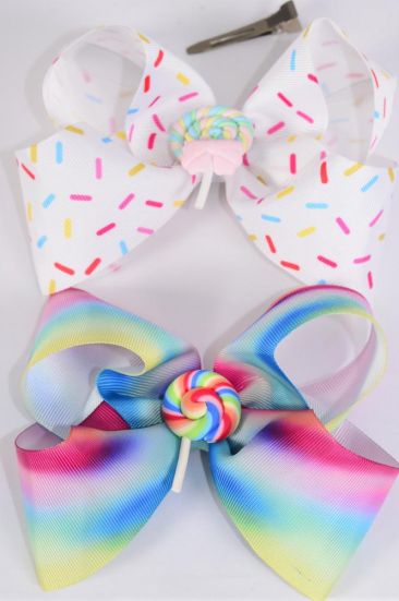 Hair Bow Jumbo Sprinkles w Lollipop Charm Grosgrain Bow-tie / 12 pcs Bow = Dozen Lollipop , Alligator Clip , Size - 6" x 5" Wide , 6 of each Color Asst , Clip Strip and UPC Code