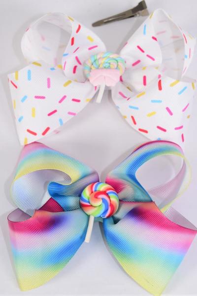 Hair Bow Jumbo Sprinkles w Lollipop Charm Grosgrain Bow-tie / 12 pcs Bow = Dozen Lollipop , Alligator Clip , Size - 6" x 5" Wide , 6 of each Color Asst , Clip Strip and UPC Code