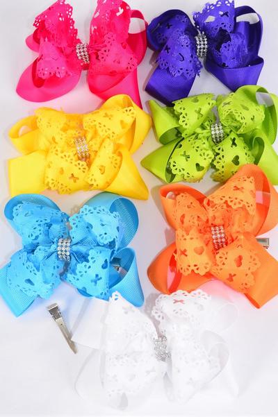 Hair Bow Jumbo Double Layered Hug and Kiss Citrus Grosgrain Bow-tie / 12 pcs Bow = Doze Alligator Clip , Size - 6" x  5" Wide , 2 White , 2 Yellow , 2 Blue , 2 Fuchsia , 2 Purple , 1 Orange , 1 Lime Color Asst , Clip Strip and UPC Code