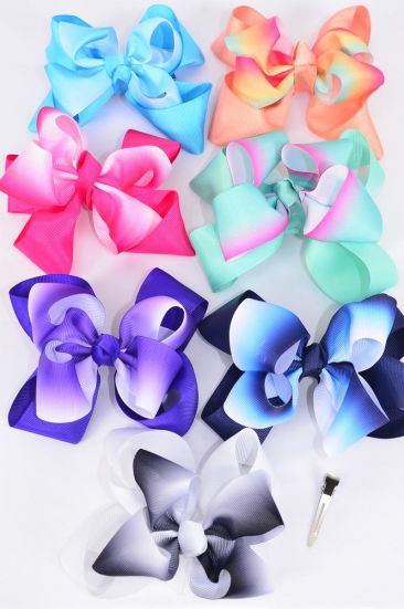 Hair Bow Jumbo Double Layered Gradient Tiedye Grosgrain Bow-tie / 12 pcs Bow = Dozen Multi , Alligator Clip , Size - 6" x 5" Wide , 2 Aqua , 2 White , 2 Fuchsia , 2 Purple , 2 Navy , 1 Blue , 1 Peach Color Asst , Clip Strip & UPC Code