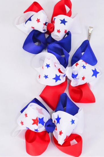 Hair Bow Jumbo Double Layered Patriotic Glitter Stars Grosgrain Bow-tie / 12 pcs Bow = Dozen Alligator Clip , Size - 6" x 5" Wide , 4 of each Pattern Asst , Clip Strip & UPC Code