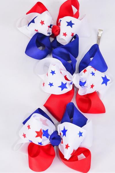 Hair Bow Jumbo Double Layered Patriotic Glitter Stars Grosgrain Bow-tie / 12 pcs Bow = Dozen Alligator Clip , Size - 6" x 5" Wide , 4 of each Pattern Asst , Clip Strip & UPC Code