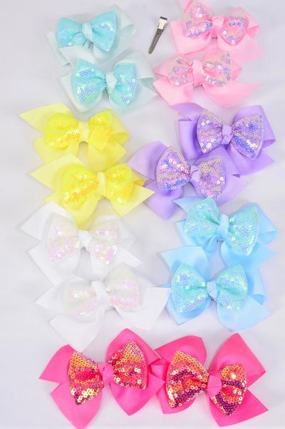 Hair Bow 24 pcs Double Layered Sequin Iridescent Pastel Grosgrain Bow-tie / 24 pcs Bow = Dozen Alligator Clip , Size - 3.5" x 3.5" , 2 White , 2 Pink , 2 Yellow , 2 Lavender , 2 Blue , 1 Hot Pink , 1 Mint Green Color Mix , Clip Strip & UPC Code