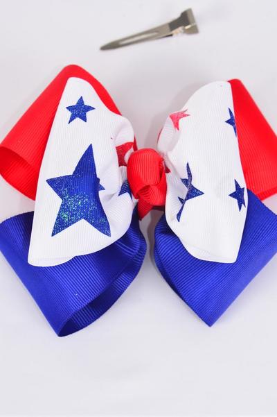 Hair Bow Jumbo Double Layered 4th of July Patriotic-Glitter Stars Grosgrain Bow-tie/DZ Alligator Clip, Size-6"x 5" Wide, Clip Strip & UPC Code