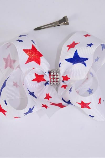 Hair Bow Jumbo Patriotic Glitter Stars Grosgrain Bow-tie / 12 pcs Bow = Dozen Alligator Clip , Size - 6" x 5" Wide , 4 of each Color Asst , Clip Strip & UPC Code