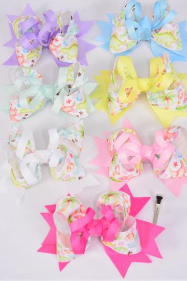 Hair Bow Jumbo Double Layered Dinosaur Grosgrain Bow-tie / 12 pcs Bow = Dozen Alligator Clip , Size - 6" x 5" Wide , 2 White , 2 Pink , 2 Lavender , 2 Hot Pink , 2 Mint Green , 1 Blue , 1 Yellow Color Mix , Clip Strip & UPC Code