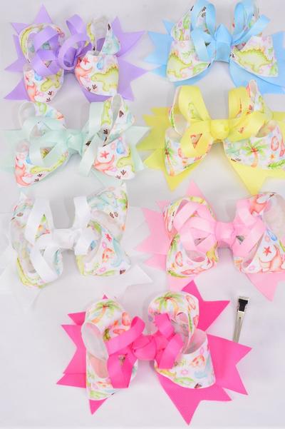 Hair Bow Jumbo Double Layered Dinosaur Grosgrain Bow-tie / 12 pcs Bow = Dozen Alligator Clip , Size - 6" x 5" Wide , 2 White , 2 Pink , 2 Lavender , 2 Hot Pink , 2 Mint Green , 1 Blue , 1 Yellow Color Mix , Clip Strip & UPC Code