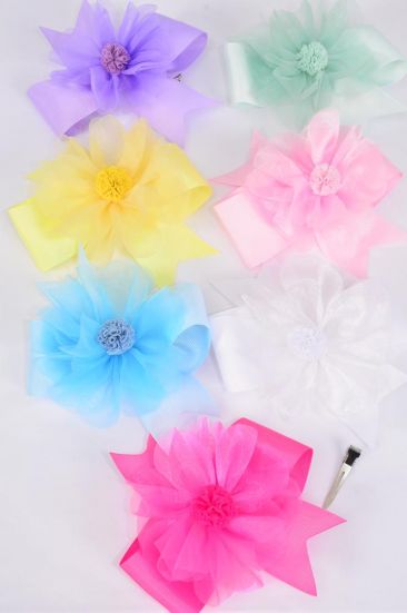 Hair Bow Double Layered Chiffon Center Pom Pom Ball Pastel Grosgrain Bow-tie / 12 pcs Bow = Dozen Alligator Clip , Size - 6"x 6", 2 White , 2 Baby Pink , 2 Lavender , 1Blue , 1Yellow , 2 Hot Pink , 2 Mint Green Color Asst , Clip Strip UPC Code