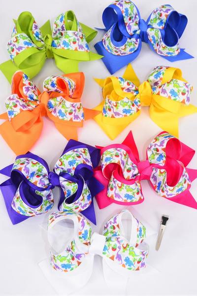 Hair Bow Jumbo Dinosaur Double Layered Grosgrain Bow-tie / 12 pcs Bow = Dozen Alligator Clip , Size - 6" x 5" Wide , 2 White , 2 Fuchsia , 2 Purple , 2 Yellow , 2 Blue , 1 Lime , 1 Orange Color Asst , Clip Strip & UPC Code