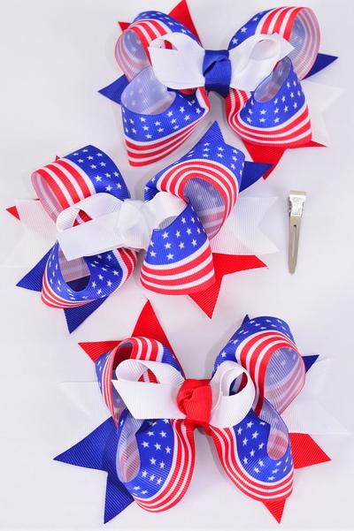 Hair Bow Jumbo Triple Layered Patriotic Flag Grosgrain Bow-tie / 12 pcs Bow = Dozen Alligator Clip , Bow - 6" x 5" Wide , 4 of each Pattern Asst , Clip Strip & UPC Code