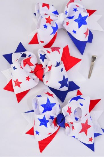 Hair Bow Jumbo Double Layered 4th of July Patriotic Glitter Stars Grosgrain Bow-tie/DZ **Alligator Clip** Size-6"x 6" Wide,4 of each Pattern Asst,Clip Strip & UPC Code