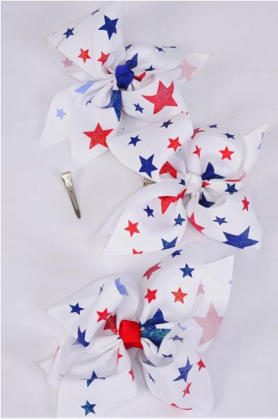 Hair Bow Jumbo 4th of July Patriotic-Glitter Stars Grosgrain Bow-tie / 12 pcs Bow = Dozen  Alligator Clip , Size-6"x 5" Wide , 4 of each Pattern Asst , Clip Strip & UPC Code