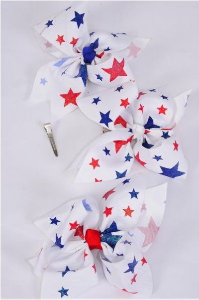 Hair Bow Jumbo Patriotic Glitter Stars Grosgrain Bow-tie / 12 pcs Bow = Dozen Alligator Clip , Size - 6" x 5" Wide , 4 of each Pattern Asst , Clip Strip & UPC Code